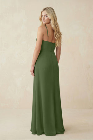 Ruched Sheath Spaghetti Strap Chiffon Bridesmaid Dress in Moss (2) | KISSBRIDAL