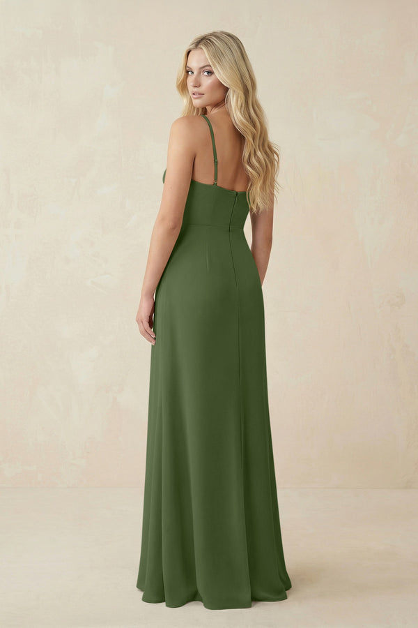 Ruched Sheath Spaghetti Strap Chiffon Bridesmaid Dress in Moss (2) | KISSBRIDAL