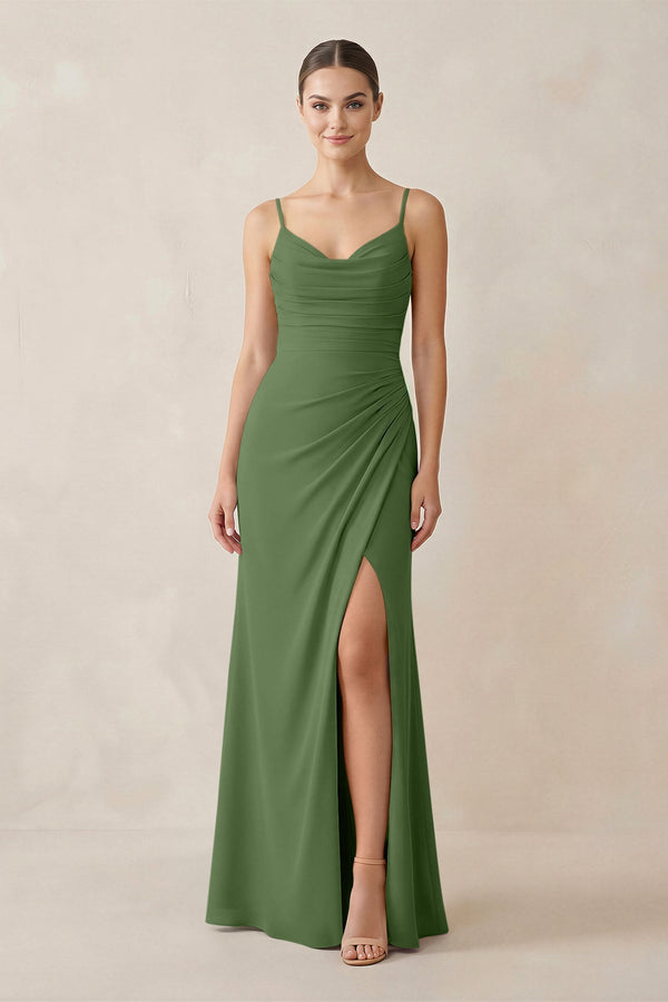 Ruched Sheath Spaghetti Strap Chiffon Bridesmaid Dress in Moss - SHE IS ME Bridesmaid Dresses