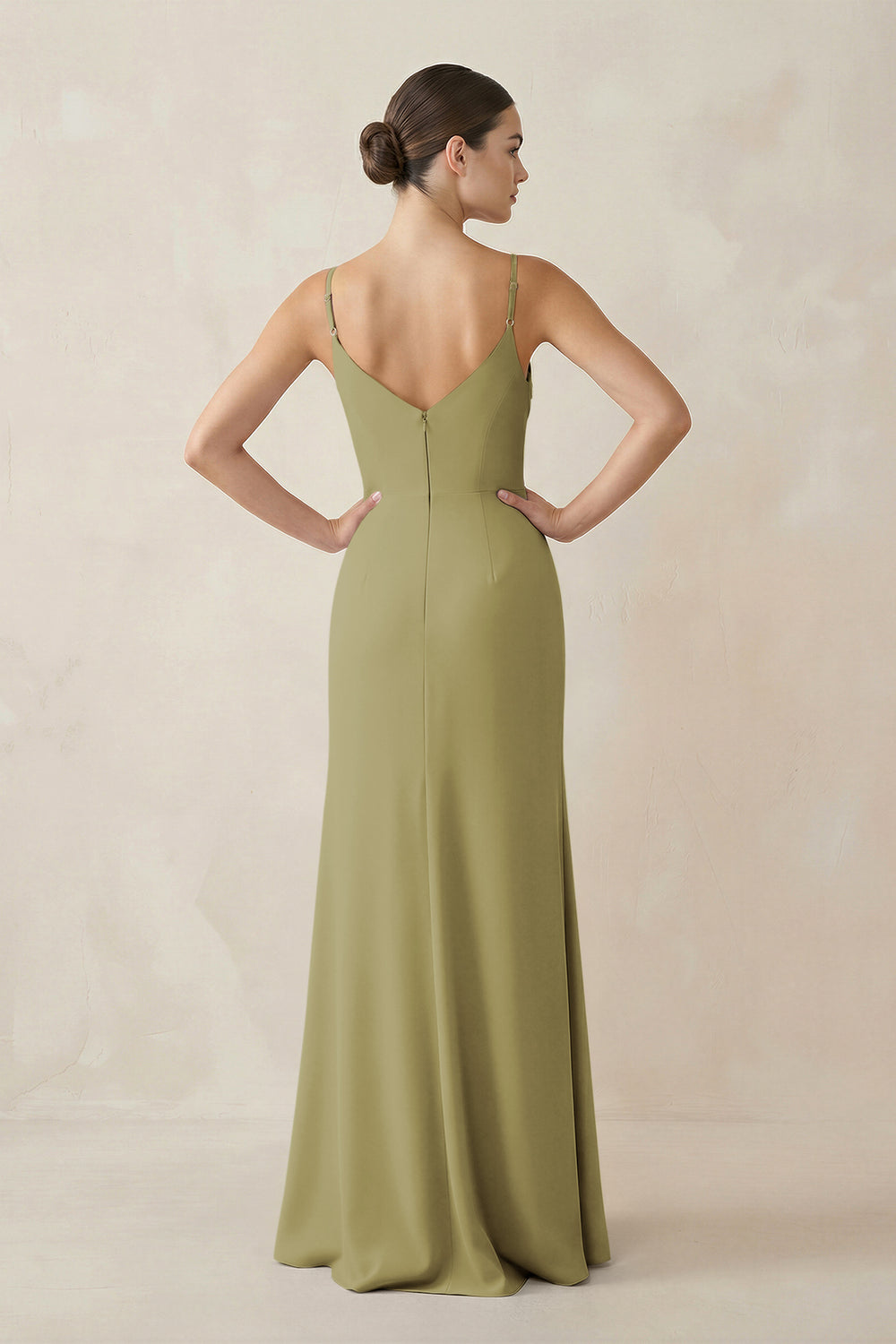 Ruched Sheath Spaghetti Strap Chiffon Bridesmaid Dress in Moss Green