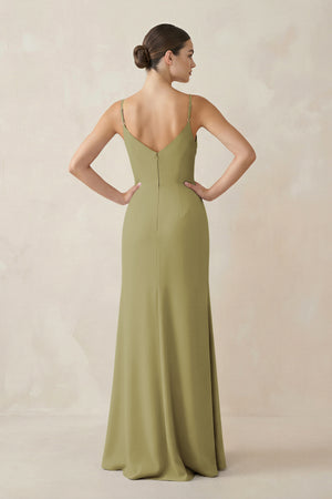 Ruched Sheath Spaghetti Strap Chiffon Bridesmaid Dress in Moss Green (2) | KISSBRIDAL