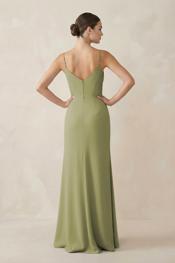 Ruched Sheath Spaghetti Strap Chiffon Bridesmaid Dress in Moss Green - SHE IS ME Bridesmaid Dresses