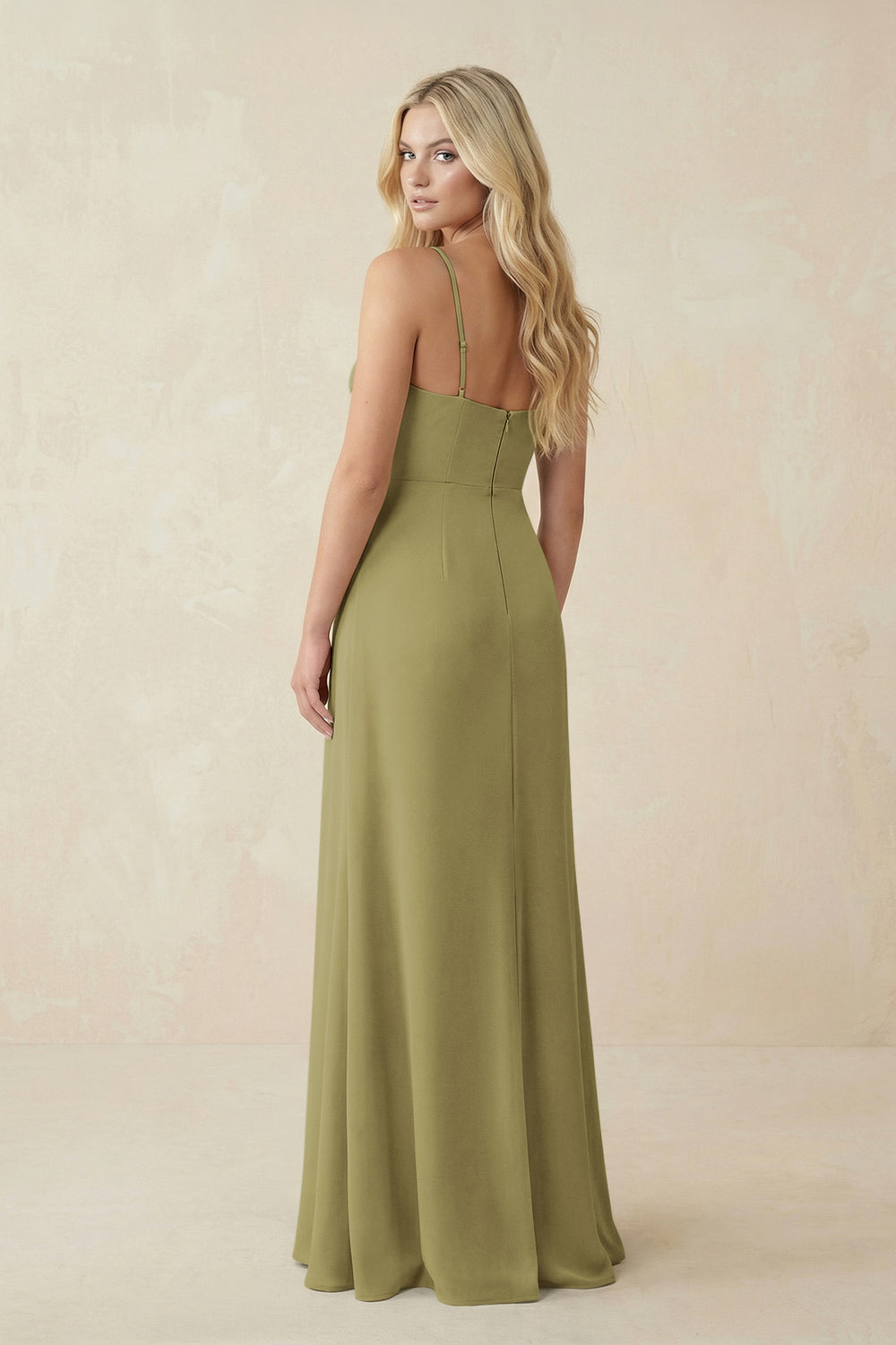 Ruched Sheath Spaghetti Strap Chiffon Bridesmaid Dress in Moss Green
