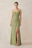 Ruched Sheath Spaghetti Strap Chiffon Bridesmaid Dress in Moss Green - SHE IS ME Bridesmaid Dresses