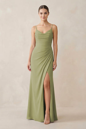 Ruched Sheath Spaghetti Strap Chiffon Bridesmaid Dress in Moss Green - SHE IS ME Bridesmaid Dresses
