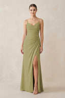 Ruched Sheath Spaghetti Strap Chiffon Bridesmaid Dress in Moss Green | KISSBRIDAL