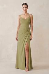 Ruched Sheath Spaghetti Strap Chiffon Bridesmaid Dress in Moss Green | KISSBRIDAL