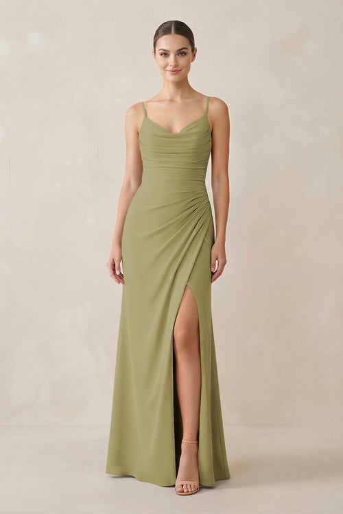 Ruched Sheath Spaghetti Strap Chiffon Bridesmaid Dress in Moss Green | KISSBRIDAL