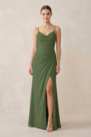 Ruched Sheath Spaghetti Strap Chiffon Bridesmaid Dress in Moss | KISSBRIDAL