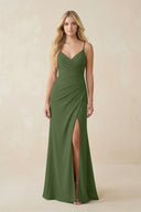 Ruched Sheath Spaghetti Strap Chiffon Bridesmaid Dress in Moss | KISSBRIDAL