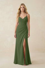Ruched Sheath Spaghetti Strap Chiffon Bridesmaid Dress in Moss | KISSBRIDAL