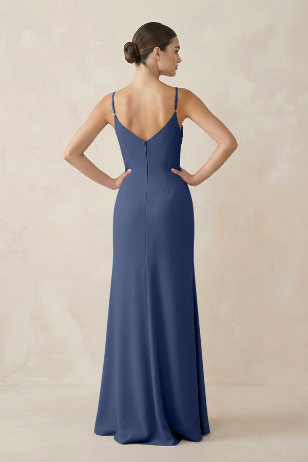 Ruched Sheath Spaghetti Strap Chiffon Bridesmaid Dress in Navy - SHE IS ME Bridesmaid Dresses