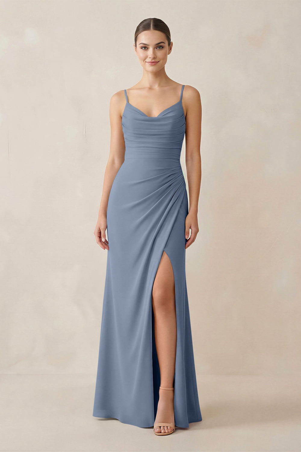 Ruched Sheath Spaghetti Strap Chiffon Bridesmaid Dress in Neptune - KISS BRIDAL Bridesmaid Dresses