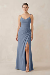 Ruched Sheath Spaghetti Strap Chiffon Bridesmaid Dress in Neptune - KISS BRIDAL Bridesmaid Dresses