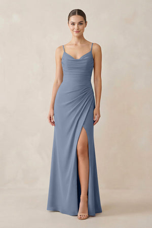 Ruched Sheath Spaghetti Strap Chiffon Bridesmaid Dress in Neptune - SHE IS ME Bridesmaid Dresses