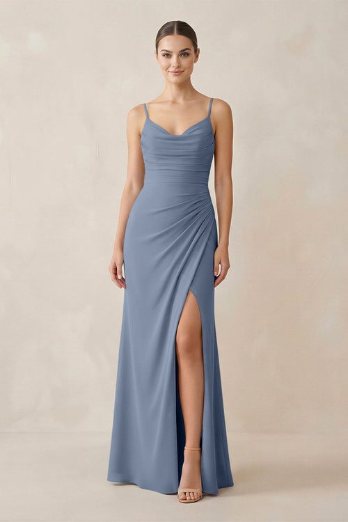 Ruched Sheath Spaghetti Strap Chiffon Bridesmaid Dress in Neptune - SHE IS ME Bridesmaid Dresses