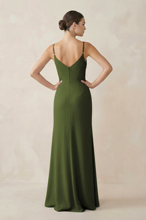 Ruched Sheath Spaghetti Strap Chiffon Bridesmaid Dress in Olive - SHE IS ME Bridesmaid Dresses
