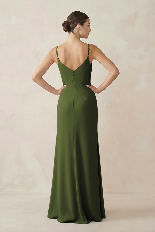 Ruched Sheath Spaghetti Strap Chiffon Bridesmaid Dress in Olive - SHE IS ME Bridesmaid Dresses