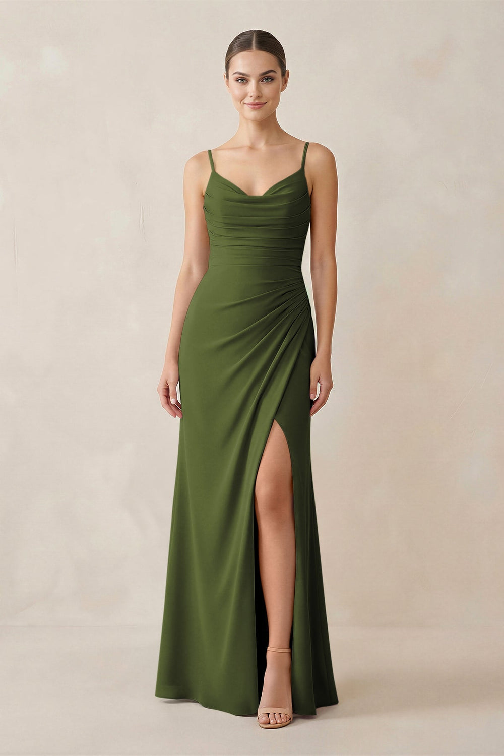 Ruched Sheath Spaghetti Strap Chiffon Bridesmaid Dress in Olive - KISS BRIDAL Bridesmaid Dresses
