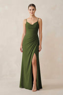 Ruched Sheath Spaghetti Strap Chiffon Bridesmaid Dress in Olive - SHE IS ME Bridesmaid Dresses