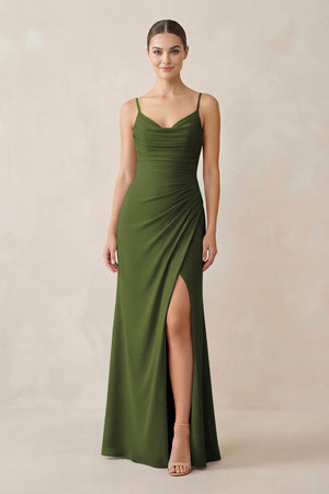 Ruched Sheath Spaghetti Strap Chiffon Bridesmaid Dress in Olive - SHE IS ME Bridesmaid Dresses