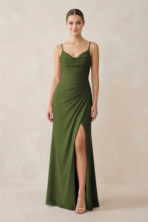 Ruched Sheath Spaghetti Strap Chiffon Bridesmaid Dress in Olive - SHE IS ME Bridesmaid Dresses