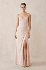 Ruched Sheath Spaghetti Strap Chiffon Bridesmaid Dress in Pale Blush - KISS BRIDAL Bridesmaid Dresses