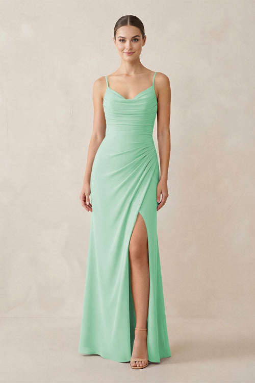 Ruched Sheath Spaghetti Strap Chiffon Bridesmaid Dress in Pale Pistachio - SHE IS ME Bridesmaid Dresses