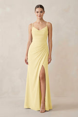 Ruched Sheath Spaghetti Strap Chiffon Bridesmaid Dress in Pastel Yellow - KISS BRIDAL Bridesmaid Dresses