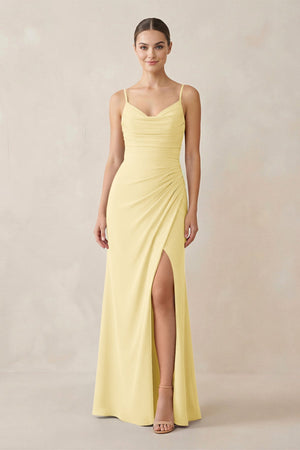Ruched Sheath Spaghetti Strap Chiffon Bridesmaid Dress in Pastel Yellow - SHE IS ME Bridesmaid Dresses