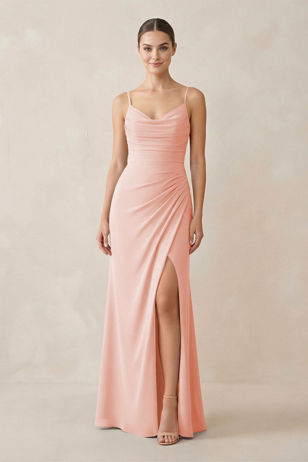 Ruched Sheath Spaghetti Strap Chiffon Bridesmaid Dress in Rose Petal - KISS BRIDAL Bridesmaid Dresses