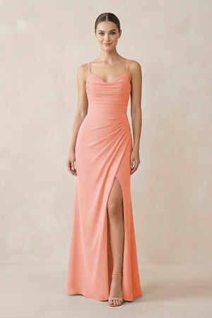 Ruched Sheath Spaghetti Strap Chiffon Bridesmaid Dress in Rosette - SHE IS ME Bridesmaid Dresses