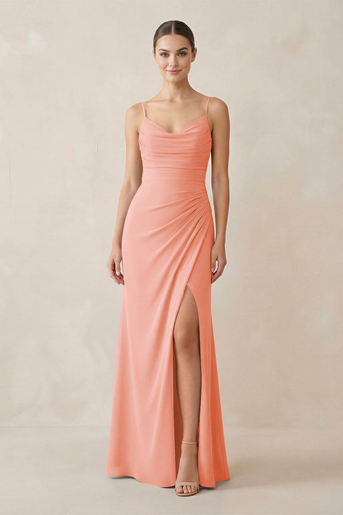 Ruched Sheath Spaghetti Strap Chiffon Bridesmaid Dress in Rosette - SHE IS ME Bridesmaid Dresses