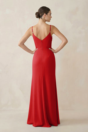 Ruched Sheath Spaghetti Strap Chiffon Bridesmaid Dress in Ruby Red - SHE IS ME Bridesmaid Dresses