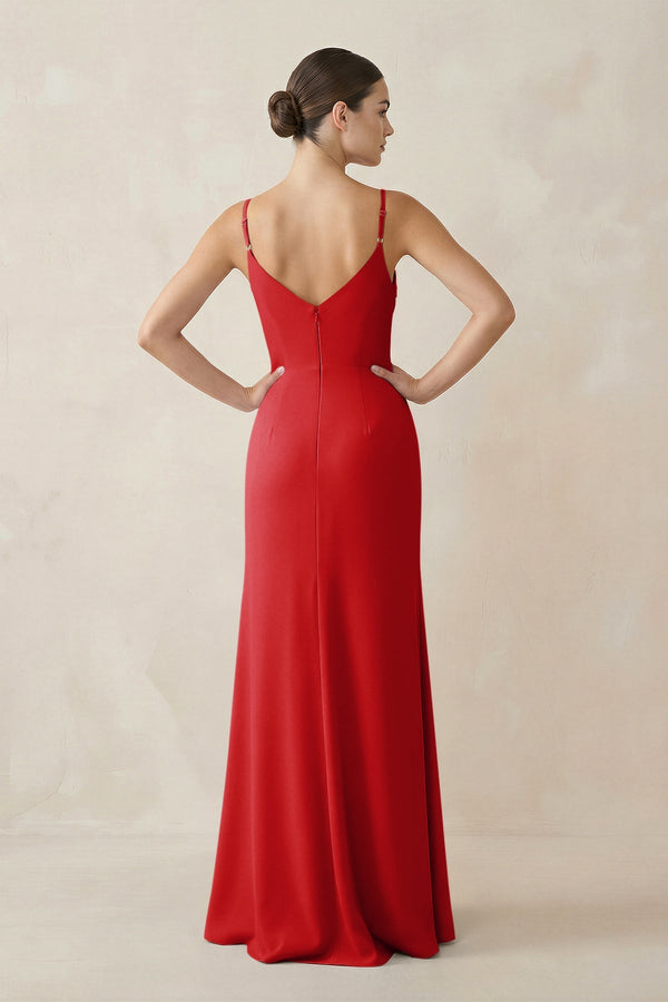 Ruched Sheath Spaghetti Strap Chiffon Bridesmaid Dress in Ruby Red - SHE IS ME Bridesmaid Dresses