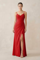 Ruched Sheath Spaghetti Strap Chiffon Bridesmaid Dress in Ruby Red - SHE IS ME Bridesmaid Dresses