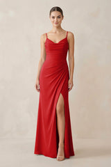 Ruched Sheath Spaghetti Strap Chiffon Bridesmaid Dress in Ruby Red - KISS BRIDAL Bridesmaid Dresses