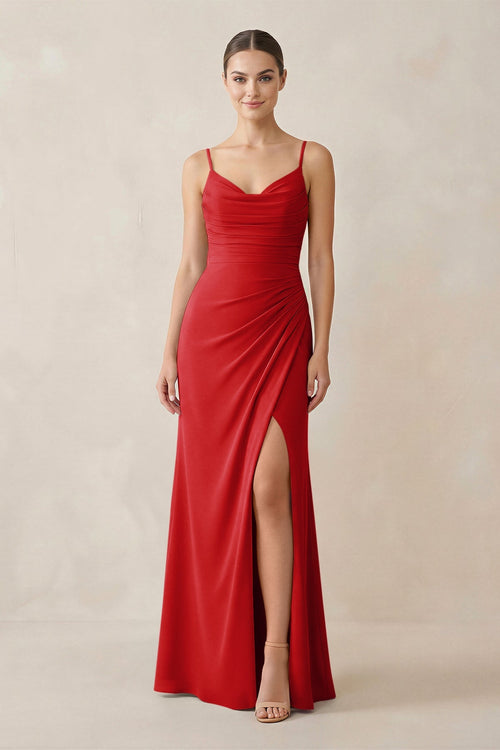 Ruched Sheath Spaghetti Strap Chiffon Bridesmaid Dress in Ruby Red - SHE IS ME Bridesmaid Dresses
