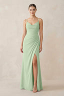 Ruched Sheath Spaghetti Strap Chiffon Bridesmaid Dress in Sage - SHE IS ME Bridesmaid Dresses