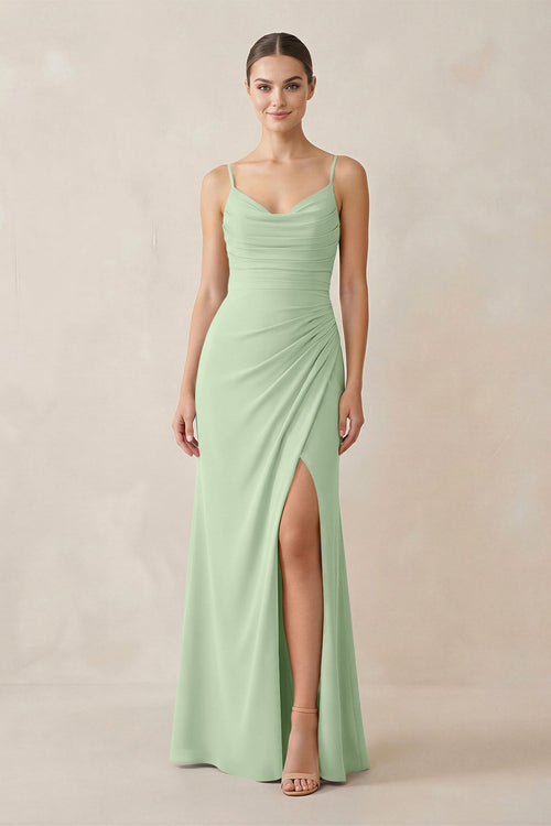 Ruched Sheath Spaghetti Strap Chiffon Bridesmaid Dress in Sage - SHE IS ME Bridesmaid Dresses