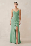 Ruched Sheath Spaghetti Strap Chiffon Bridesmaid Dress in Sea Glass - SHE IS ME Bridesmaid Dresses