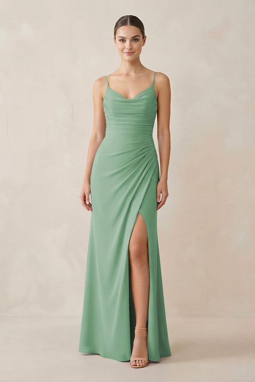Ruched Sheath Spaghetti Strap Chiffon Bridesmaid Dress in Sea Glass - SHE IS ME Bridesmaid Dresses