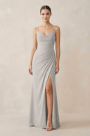 Ruched Sheath Spaghetti Strap Chiffon Bridesmaid Dress in Silver - SHE IS ME Bridesmaid Dresses
