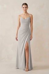 Ruched Sheath Spaghetti Strap Chiffon Bridesmaid Dress in Silver - KISS BRIDAL Bridesmaid Dresses