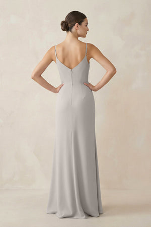 Ruched Sheath Spaghetti Strap Chiffon Bridesmaid Dress in Silver - SHE IS ME Bridesmaid Dresses
