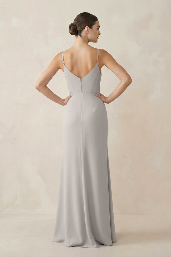 Ruched Sheath Spaghetti Strap Chiffon Bridesmaid Dress in Silver - SHE IS ME Bridesmaid Dresses