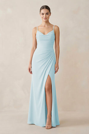 Ruched Sheath Spaghetti Strap Chiffon Bridesmaid Dress in Sky Blue - SHE IS ME Bridesmaid Dresses