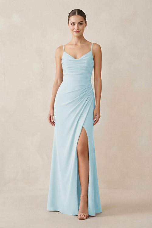 Ruched Sheath Spaghetti Strap Chiffon Bridesmaid Dress in Sky Blue - SHE IS ME Bridesmaid Dresses