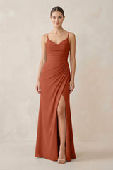 Ruched Sheath Spaghetti Strap Chiffon Bridesmaid Dress in Spice - KISS BRIDAL Bridesmaid Dresses