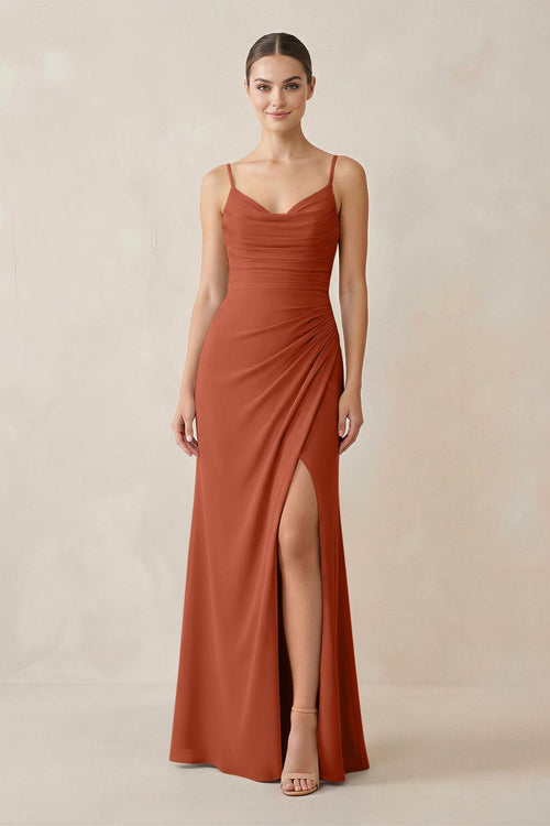 Ruched Sheath Spaghetti Strap Chiffon Bridesmaid Dress in Spice - SHE IS ME Bridesmaid Dresses
